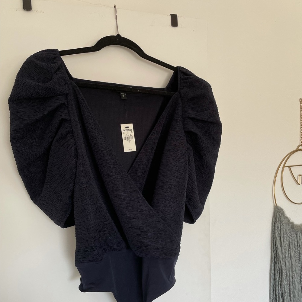 Express - Navy Blue Puffed Sleeved Body Suit